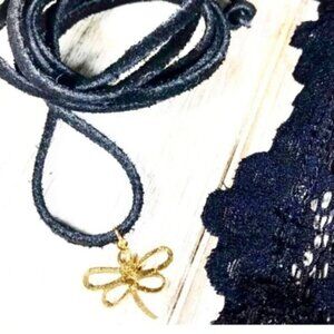 Black rope leather choker long necklace gold charm